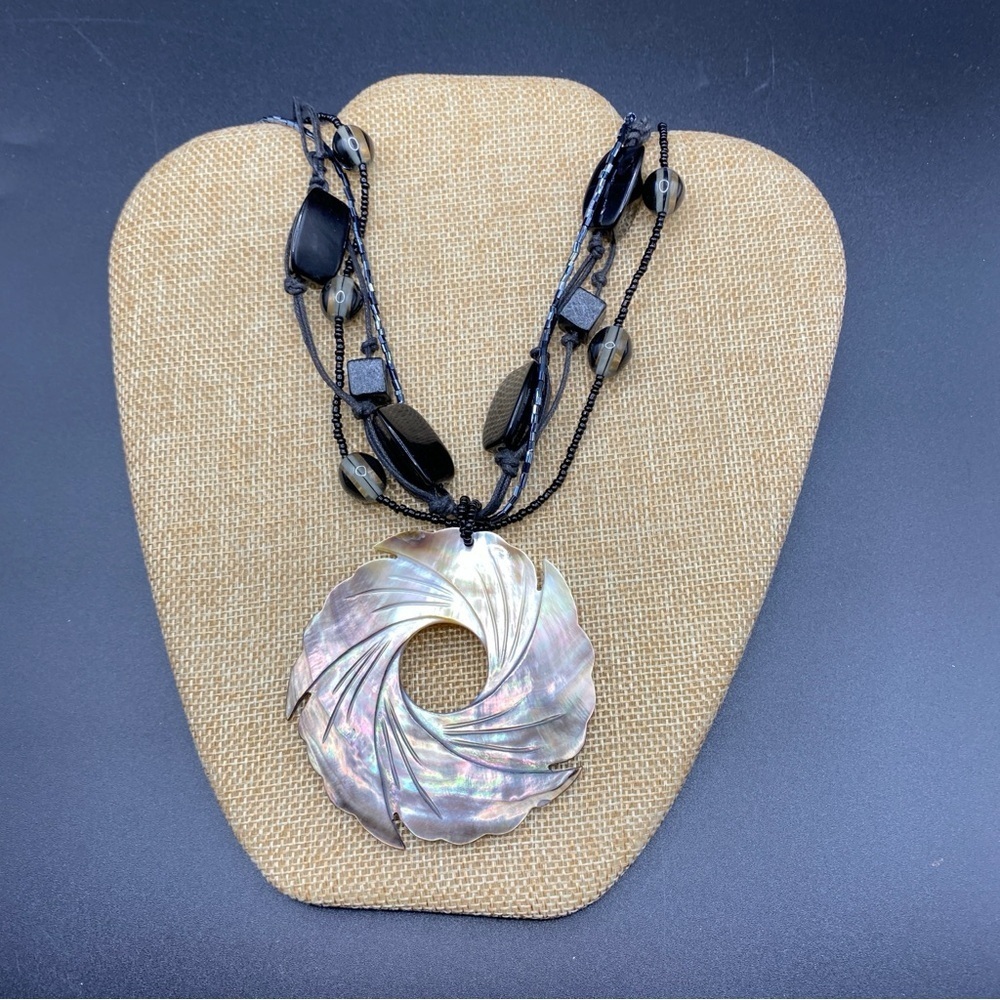 Mother-Of-Pearl Carved Floral Medallion On Black Beaded Cording Necklace